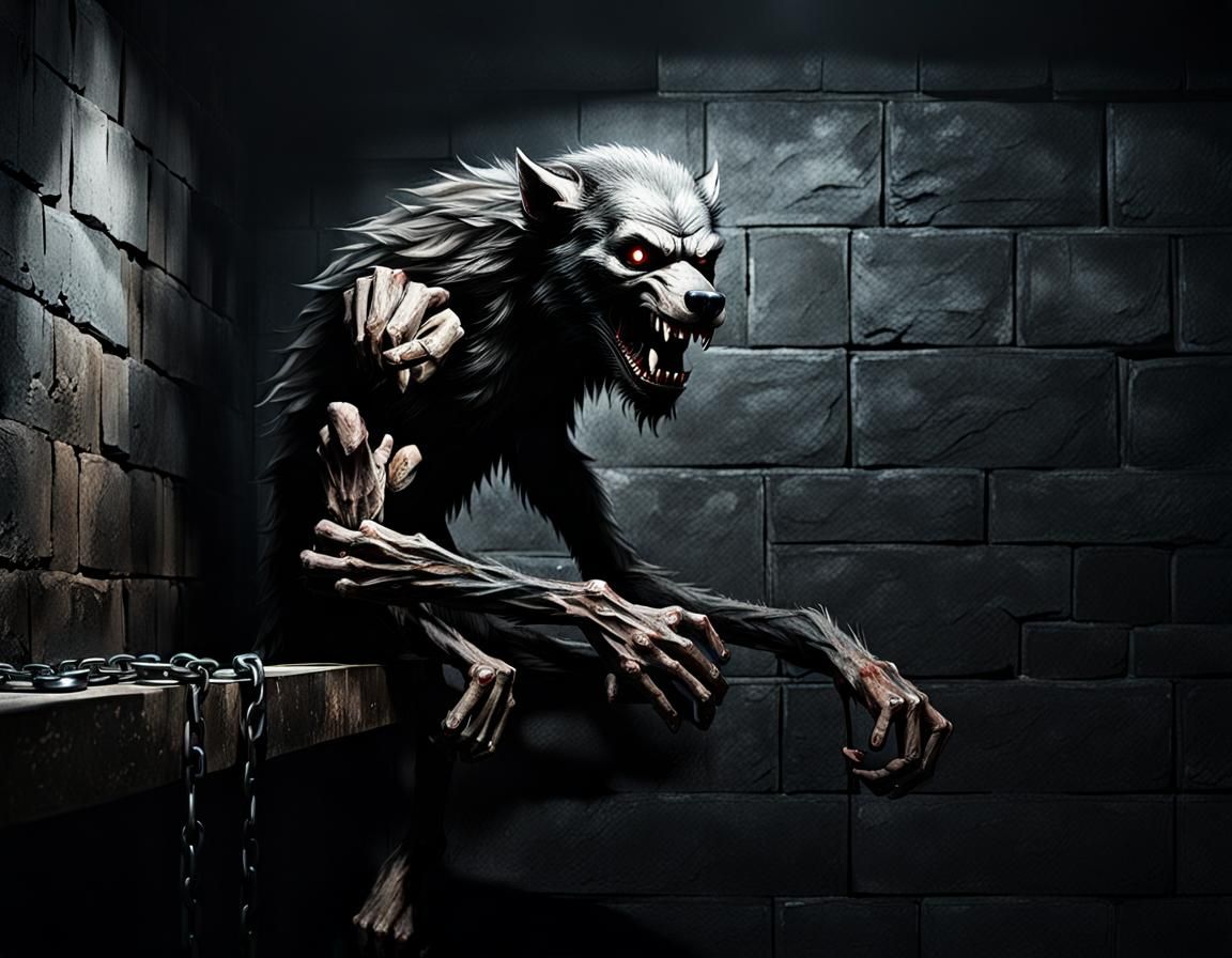 Scary Skinny Werewolf Chained in Dark Basement