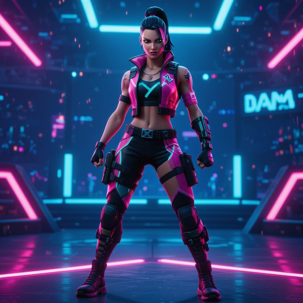 Futuristic Fortnite Character in Neon Arena, Cyberpunk Style