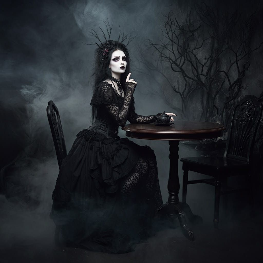 Goth Fashion Model in Mysterious Coffee Shop Setting