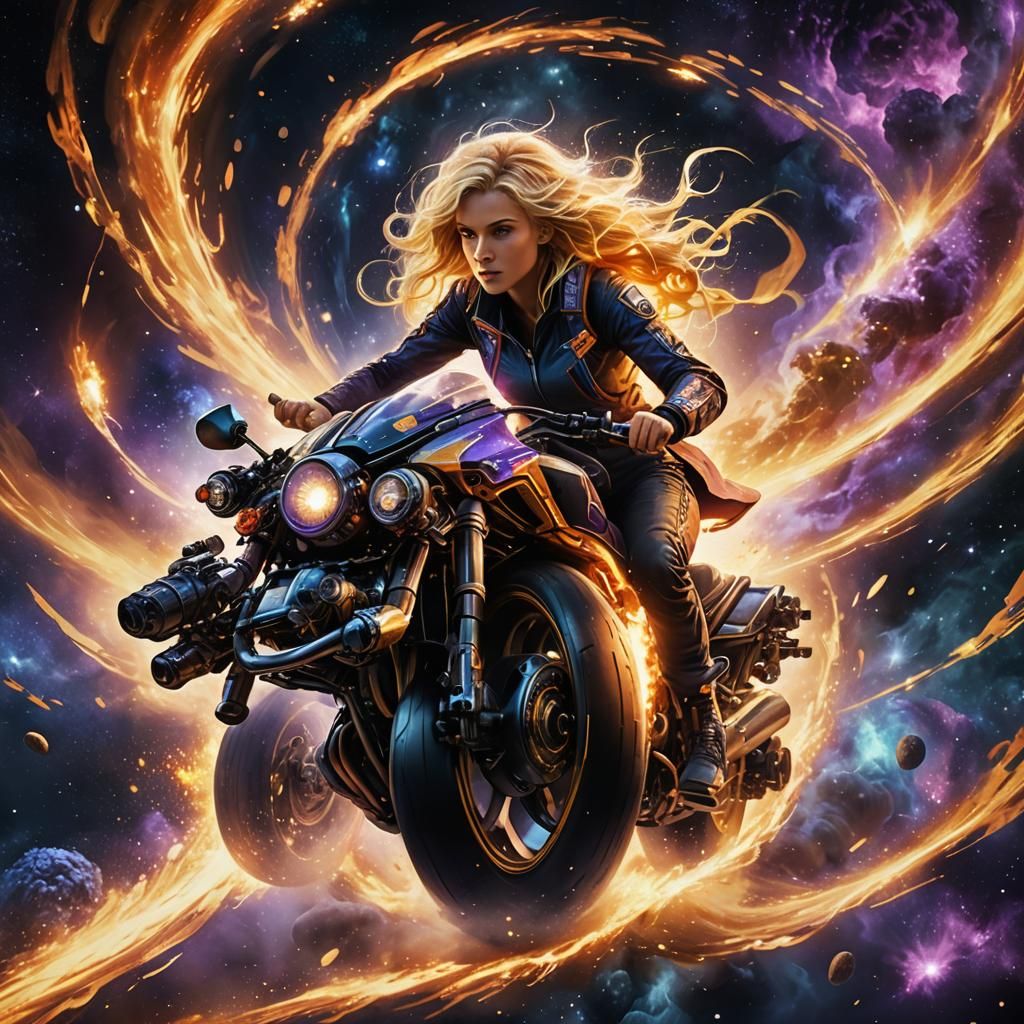 Cosmic Motion Art with Flowing Hair and Machine Details