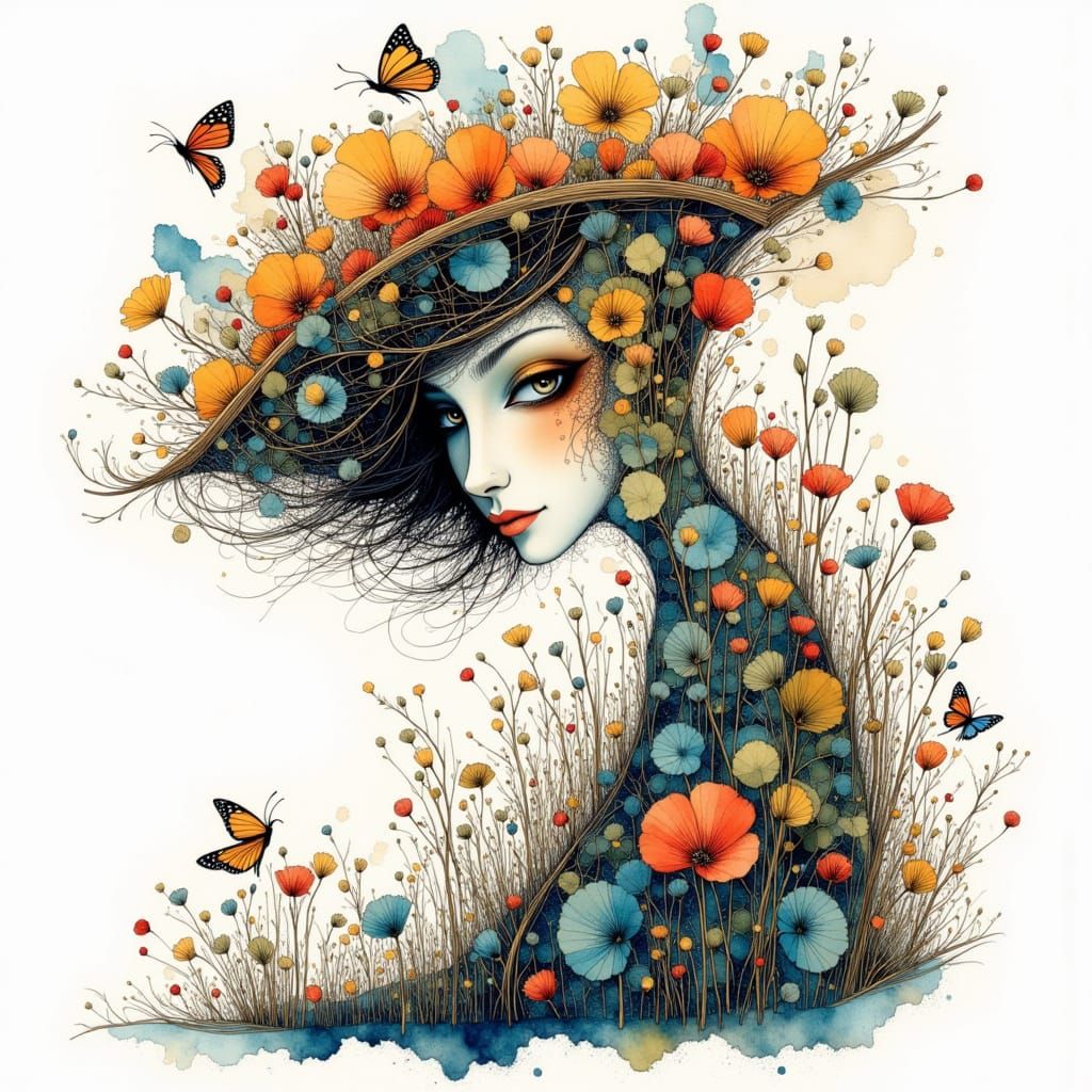 Ethereal Forest Goddess in Vivid Watercolor Sketch