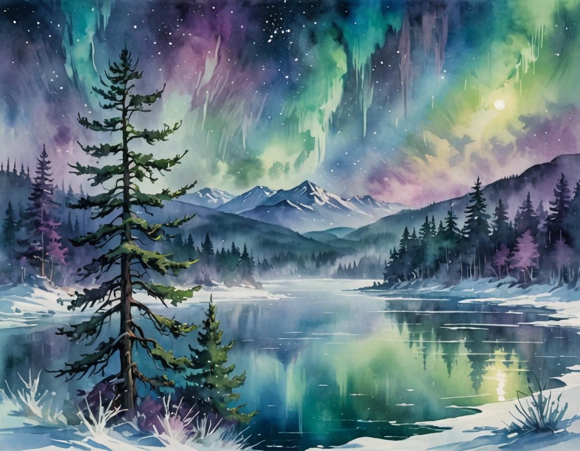 Aurora Borealis Over Frozen Lake as Watercolor Painting