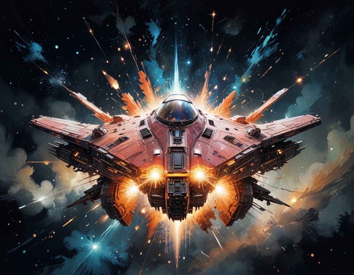 Spaceship Escapes Exploding Star in Sci-Fi Watercolor