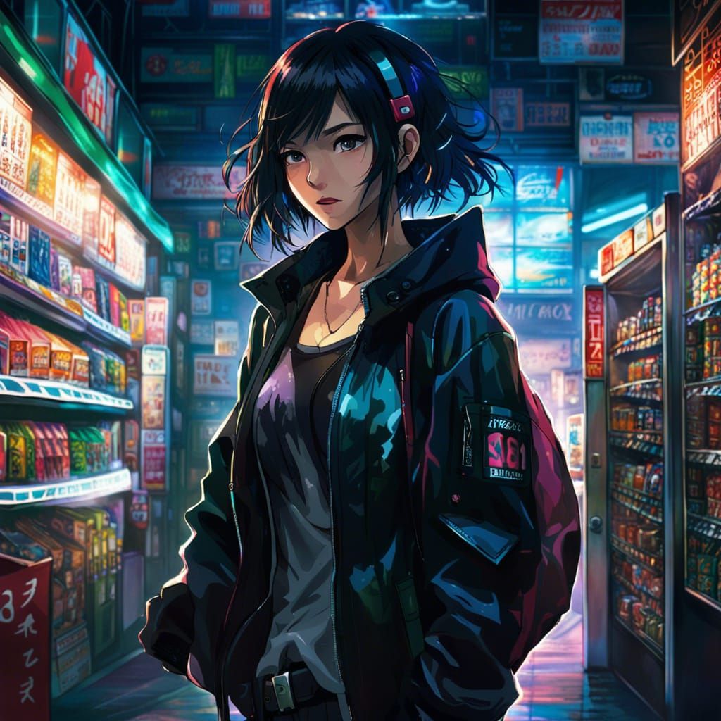 Cyberpunk Woman Poses in 7-Eleven, Anime Style