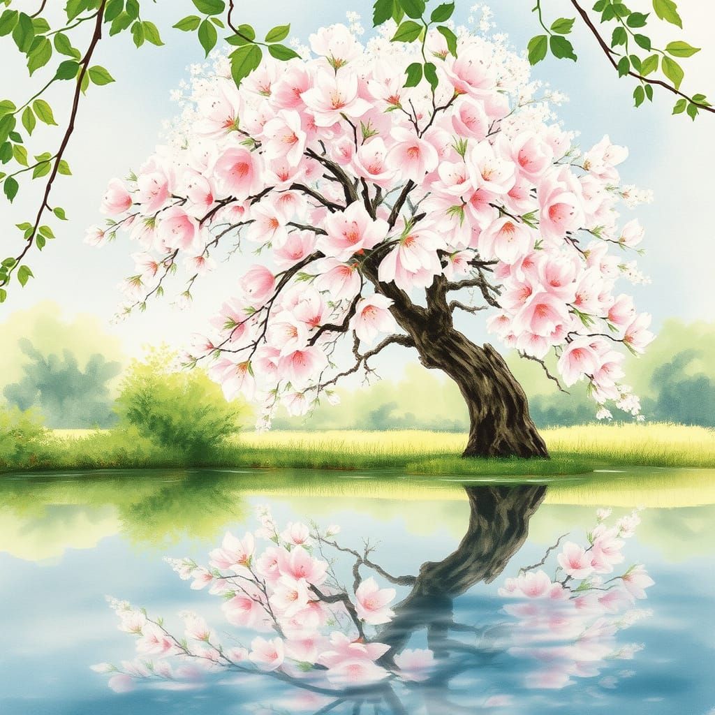 Cherry Blossoms Reflected in Lake: Watercolor Painting