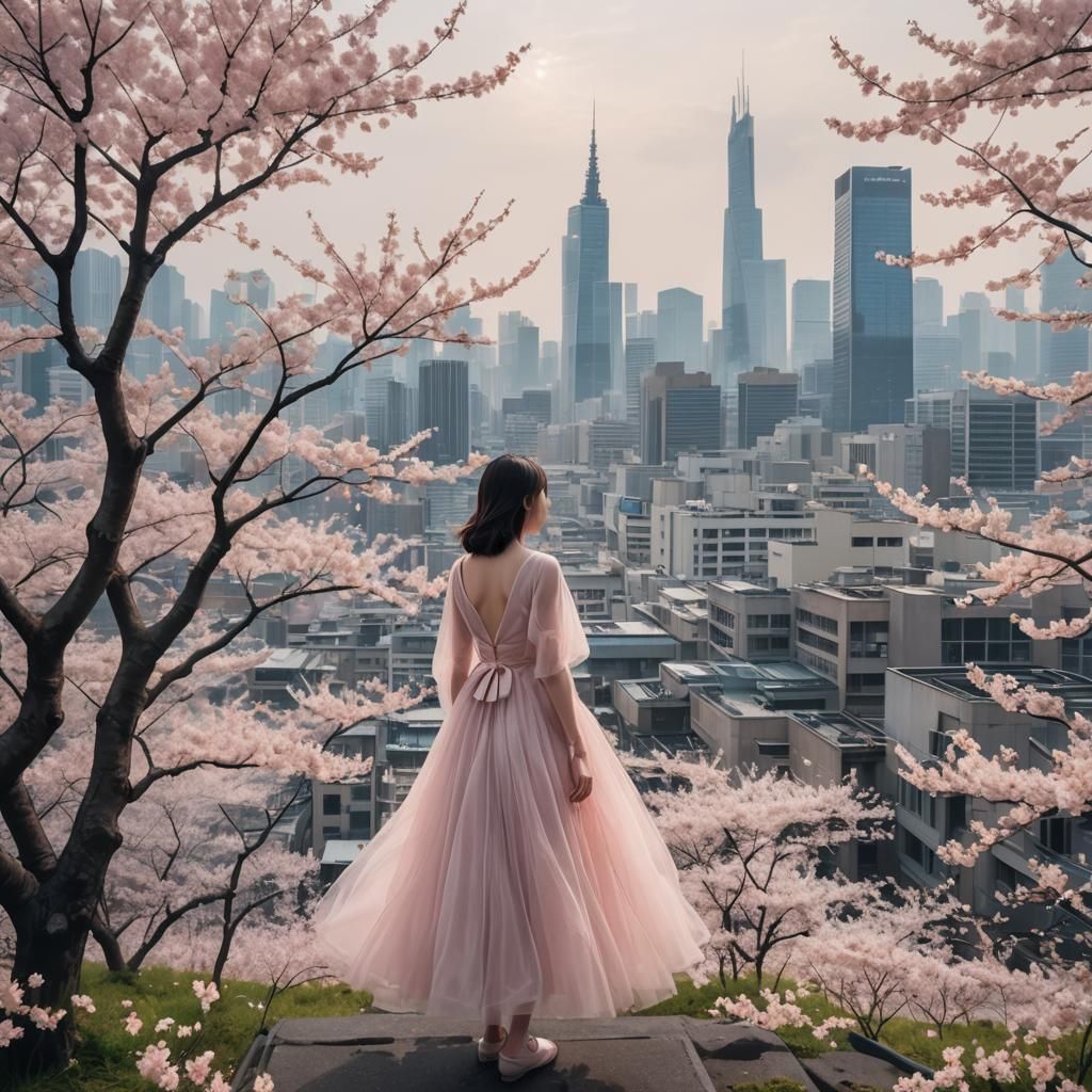 Girl in Cherry Blossoms: Cyberpunk Dreamscape