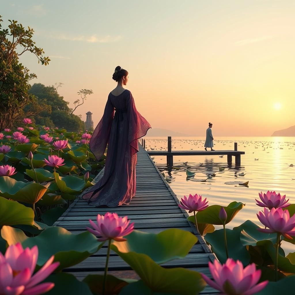 Lotus Pier Sunset: Anime-Inspired 3D Art