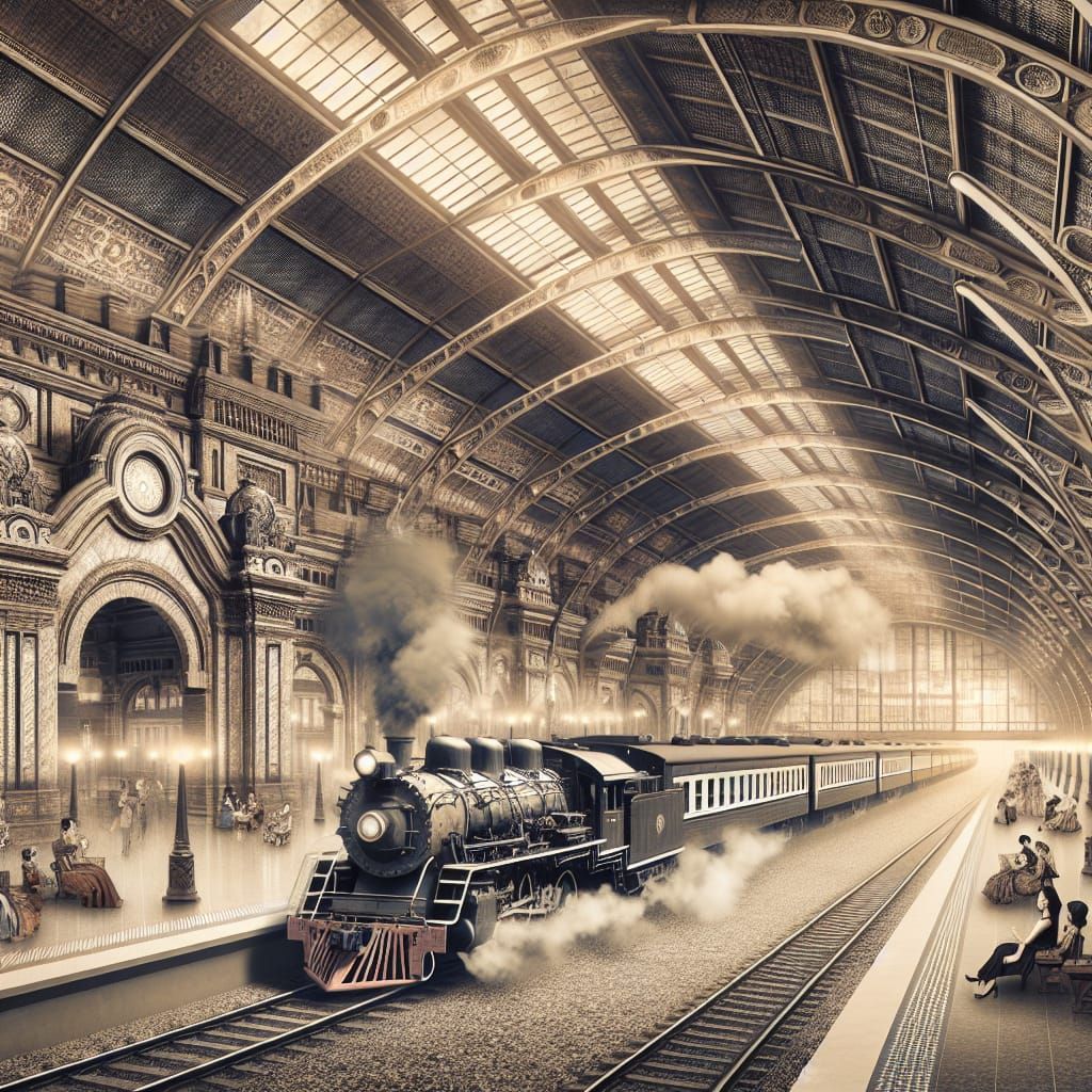 A retro-futuristic train station with steam locomotives and ornate architecture.