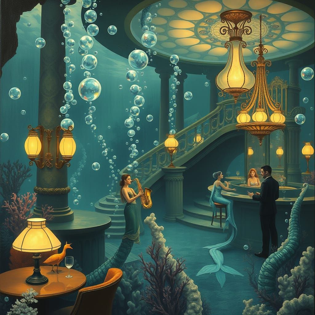 Underwater Jazz Club with Merfolk in Art Nouveau Style