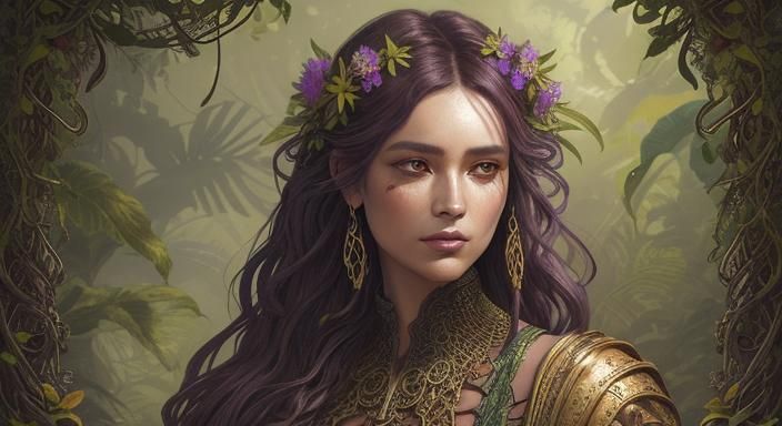 Lunarpunk solarpunk illustration. Medium shot. A curvy woman...