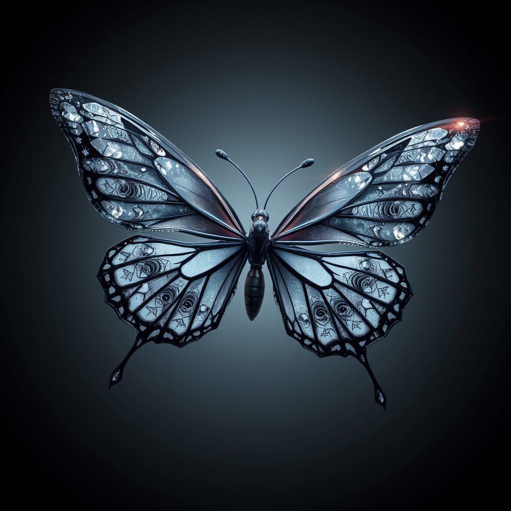 Hyper-Realistic Black Butterfly in Anime-Inspired 3D Style