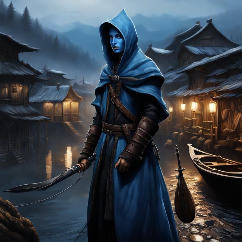 Water Genasi Adventurer in a Rainy Fishing Village
