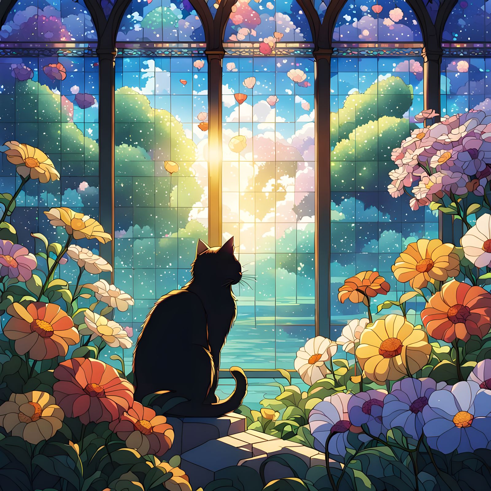 Cat with Stained Glass in Anime Style