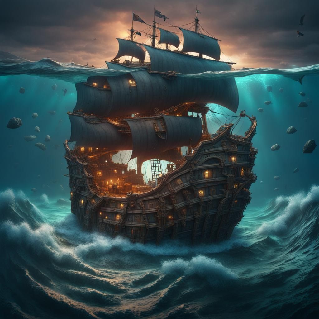 Sunken Ship in Glass Cube on Majestic Ocean