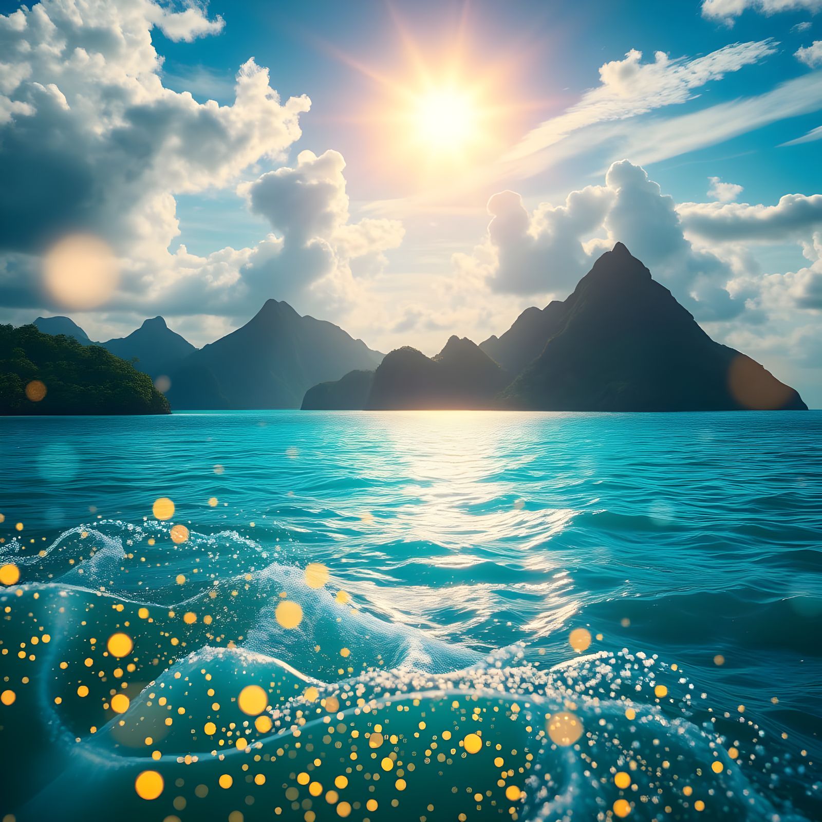 Surreal Mystic Sea with Glowing Lights and Lush Islands