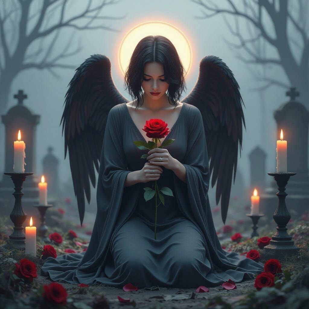 Sorrowful Angel with Red Rose in Graveyard