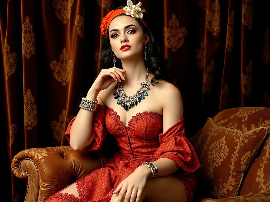 Fashion Model in Luxurious Studio, Art Nouveau Style