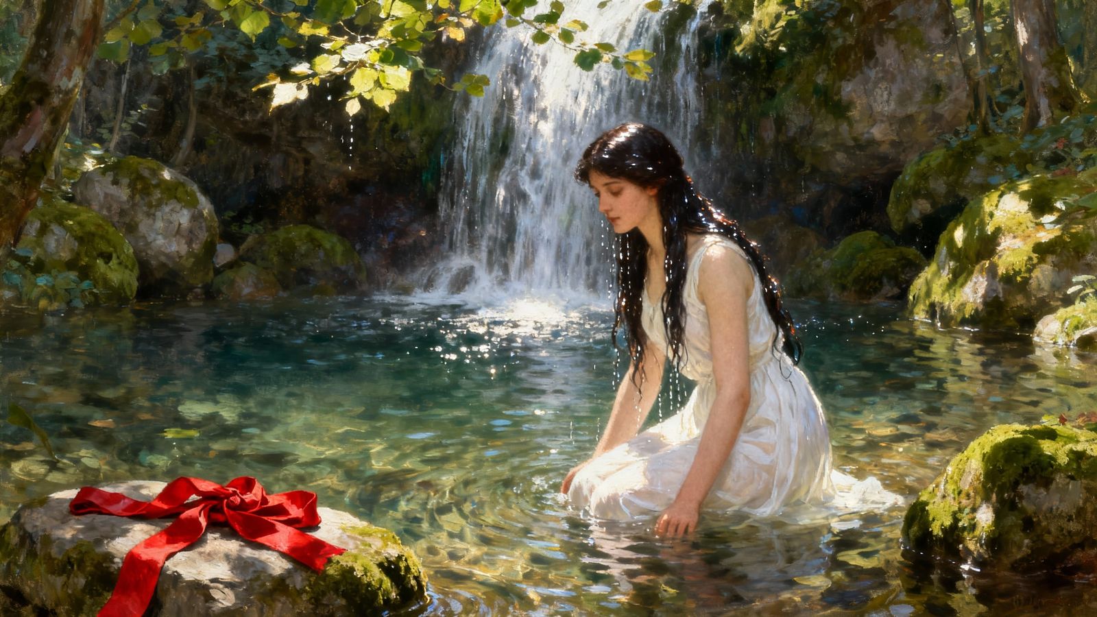 Pre-Raphaelite Painting of Woman Bathing Under Forest Waterf...