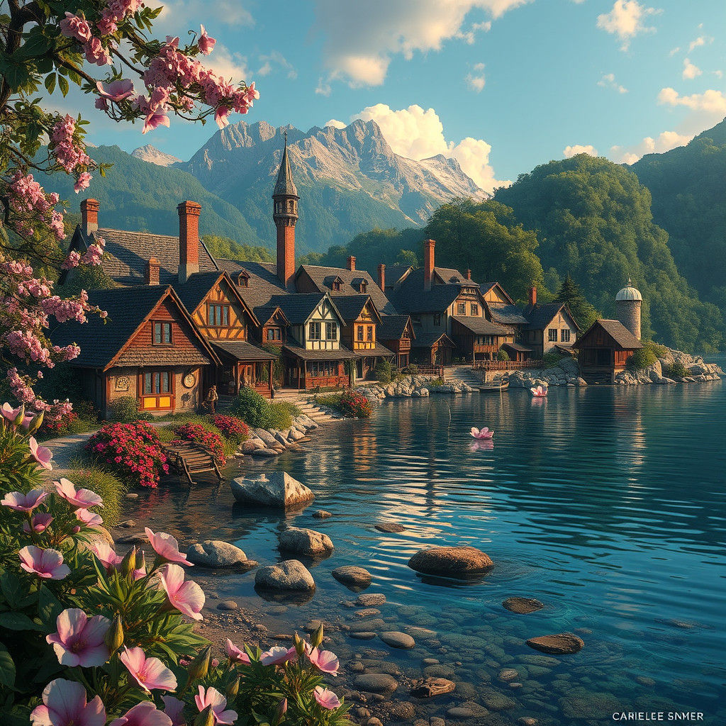 Enchanting Lakeside Village Concept Art
