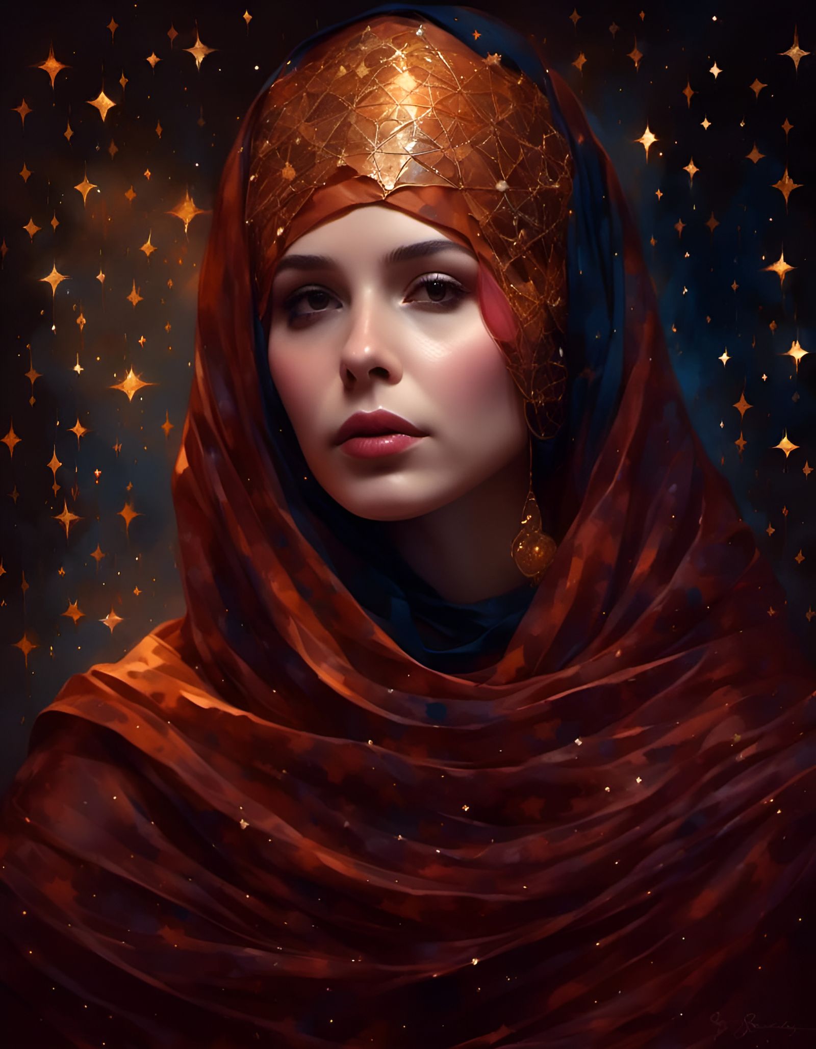 Woman in Starry Headscarf: Hyperrealistic Fantasy Portrait
