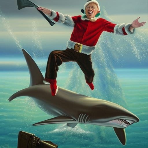 Buddy the Elf Faces Sharknado in Surreal Oil Painting