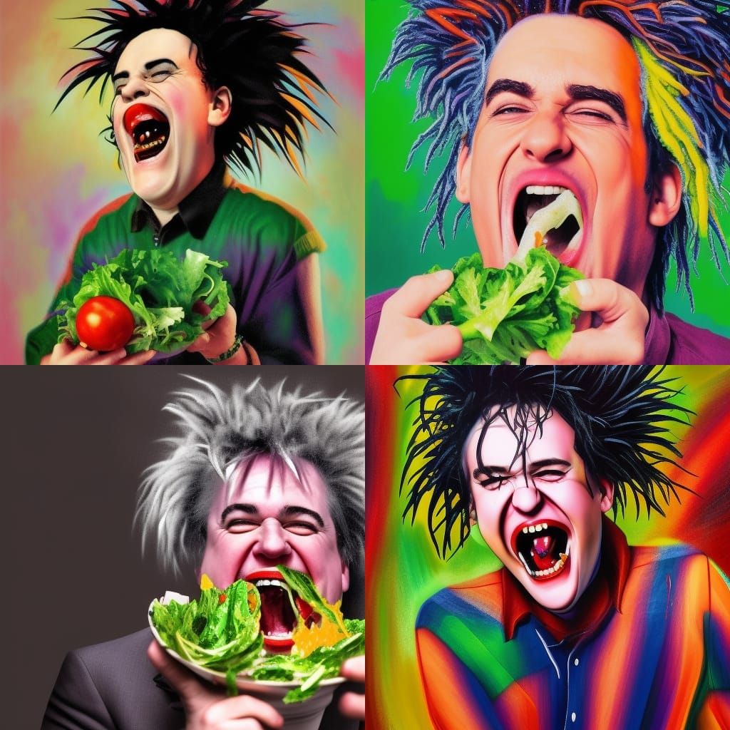 Robert Smith Laughing and Eating Salad