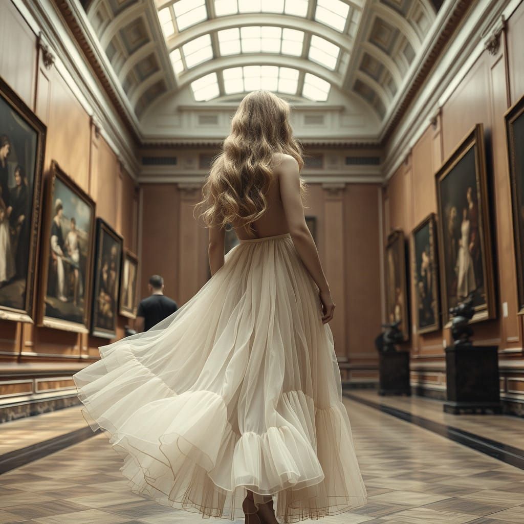 Ethereal Muse Amidst Masterpieces in Pastel Hues