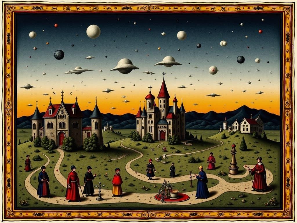 Medieval Illuminated Manuscript Landscape with Drolleries