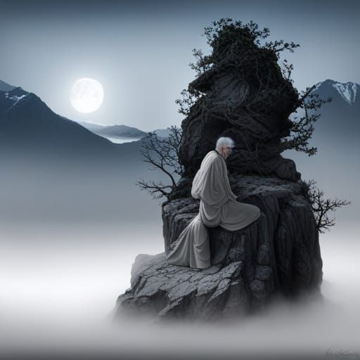 Meditating Sage in Japan: Detailed Matte Painting