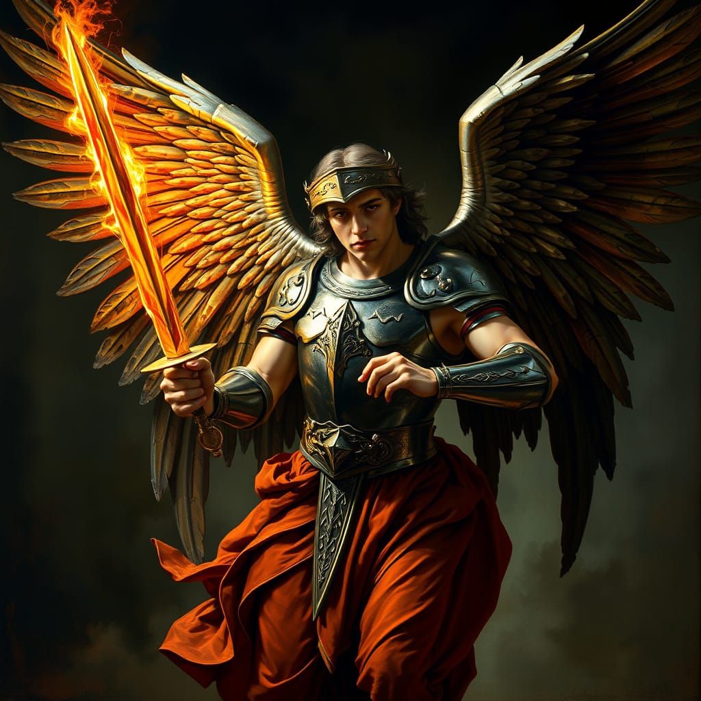 Renaissance Angel Descending from Heaven in Flemish Style