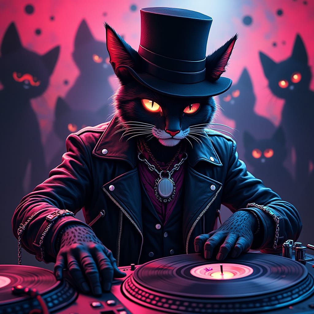Gothic DJ Cat Spins Records in Neon-Lit Club