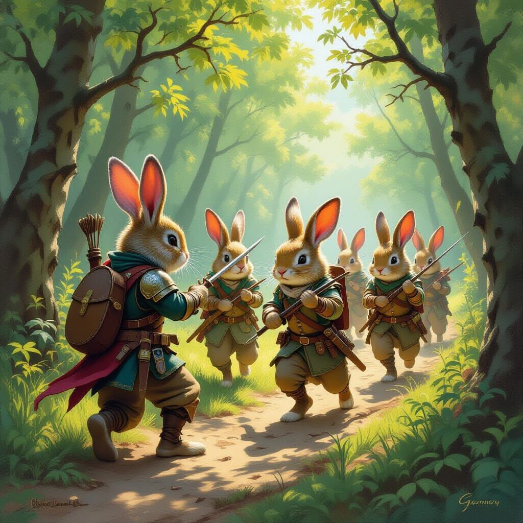 Anthropomorphic Rabbits Hunt Hunters in Forest Oil Painting