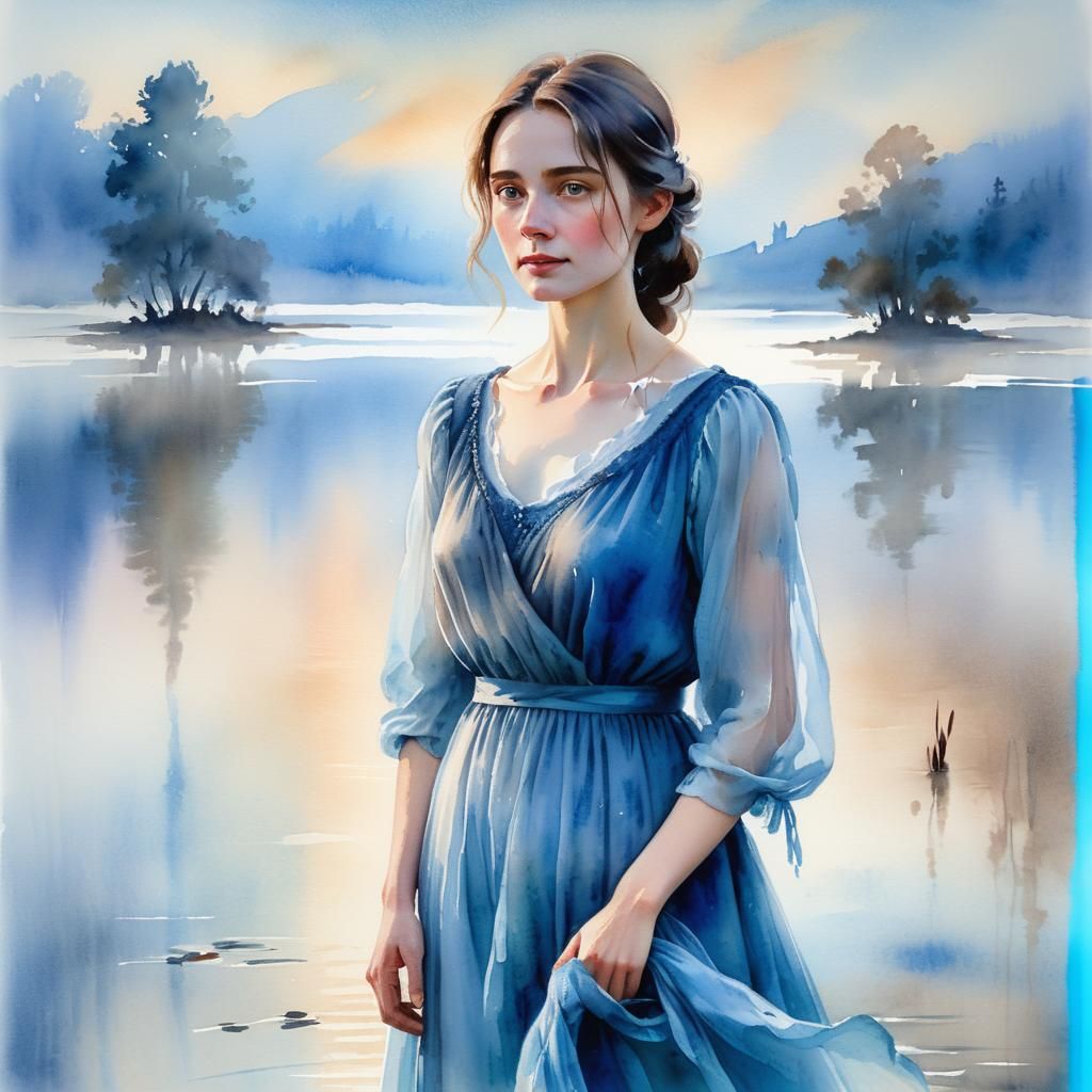 Woman in Blue Dress: Watercolour Impression