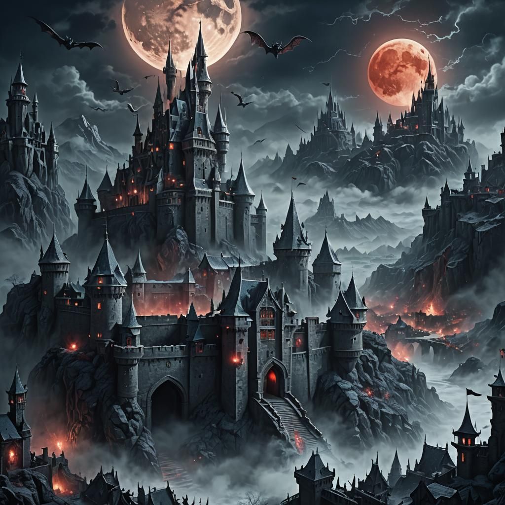 Foreboding Castle Under Blood Moon: Digital Art