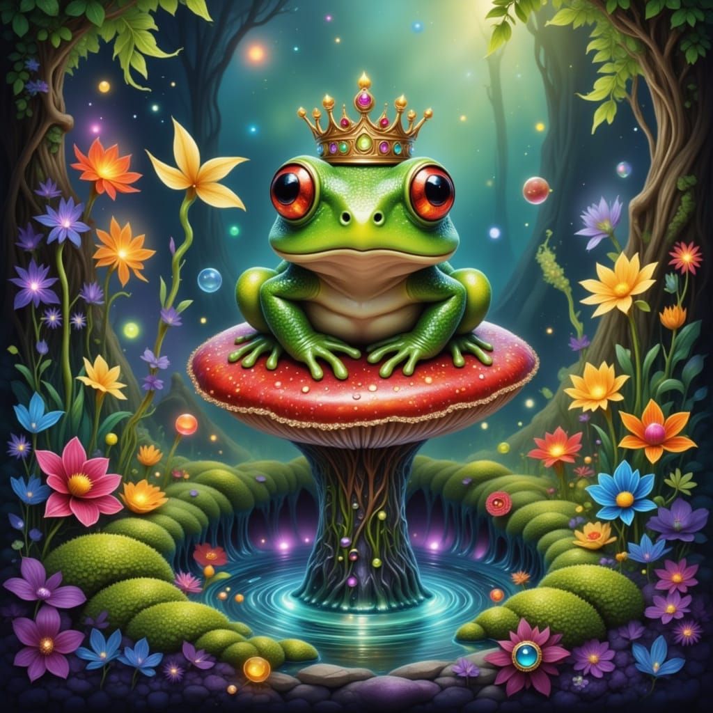 Frog King on Mushroom Throne in Enchanted Forest
