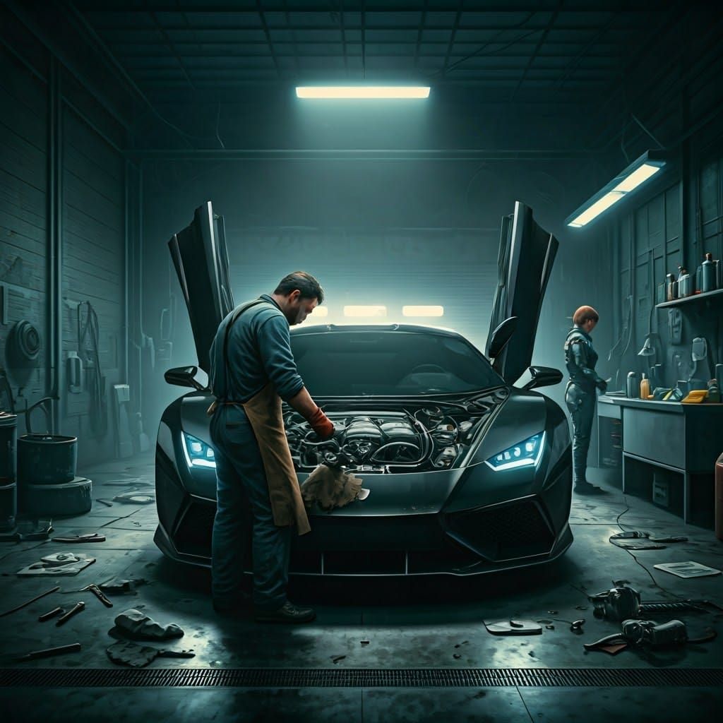Gritty Mechanic Works on High-Tech Hyper Car in Cluttered Ga...