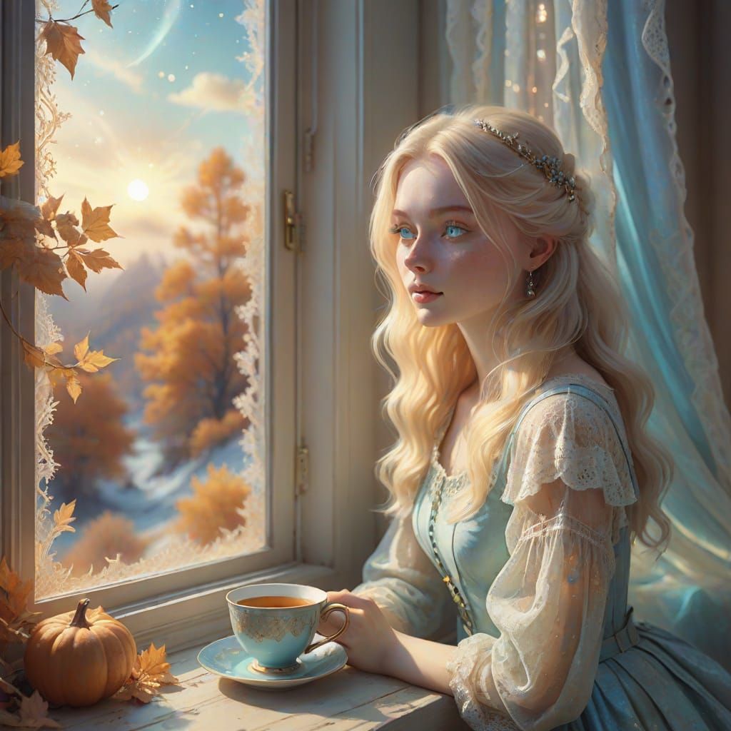 Dreamy Autumn Scene: Girl Gazes Through Frosted Window