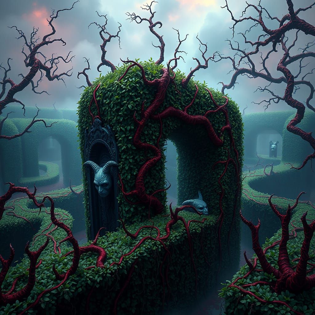 Ominous Hedge Maze with Gargoyles in Dark Fantasy Style