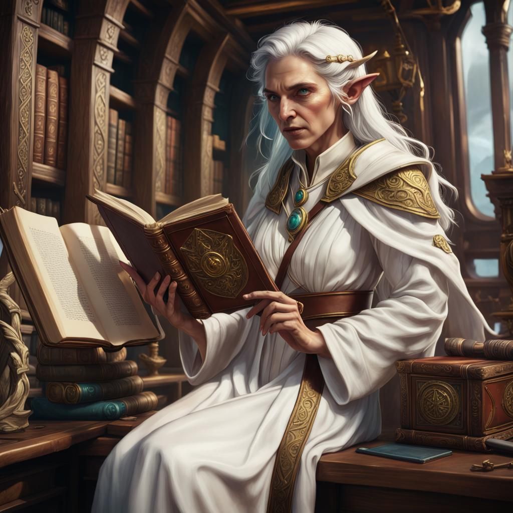 Fierce Elf Cleric Professor on Ship: Detailed Matte Painting