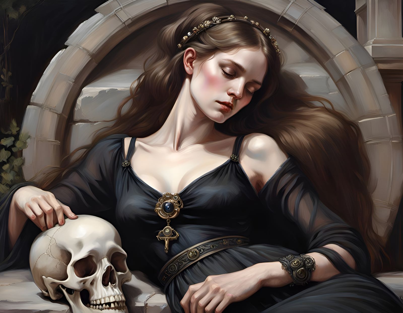 A pale woman wearing long black dress, reclining to a stone ...