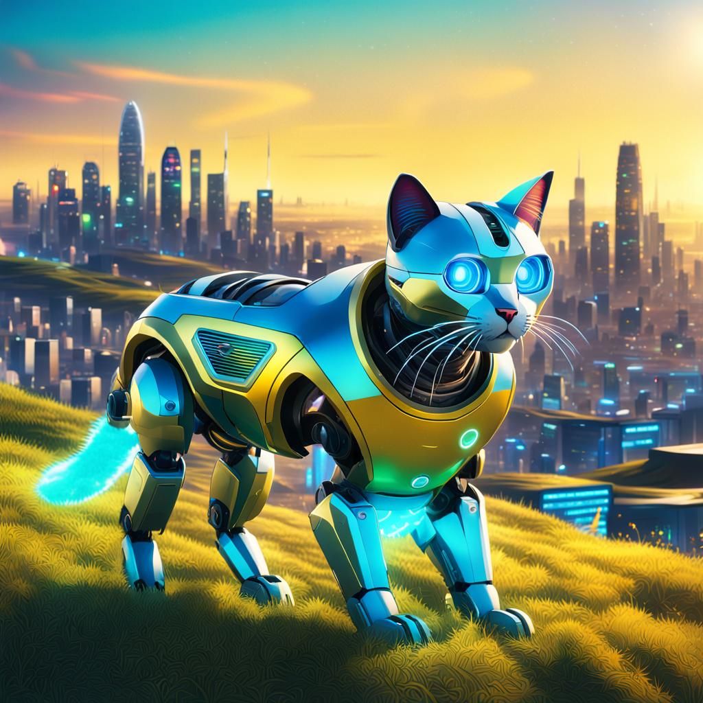 Whimsical Robot Cat Befriends Adventurer in Futuristic Citys...