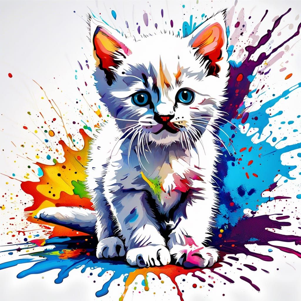 Colorful Ink Splatter Kitten in Detailed Oil Painting