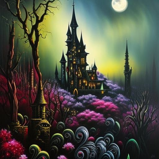 Surreal Halloween Castle Sunflowers in Mixed Media