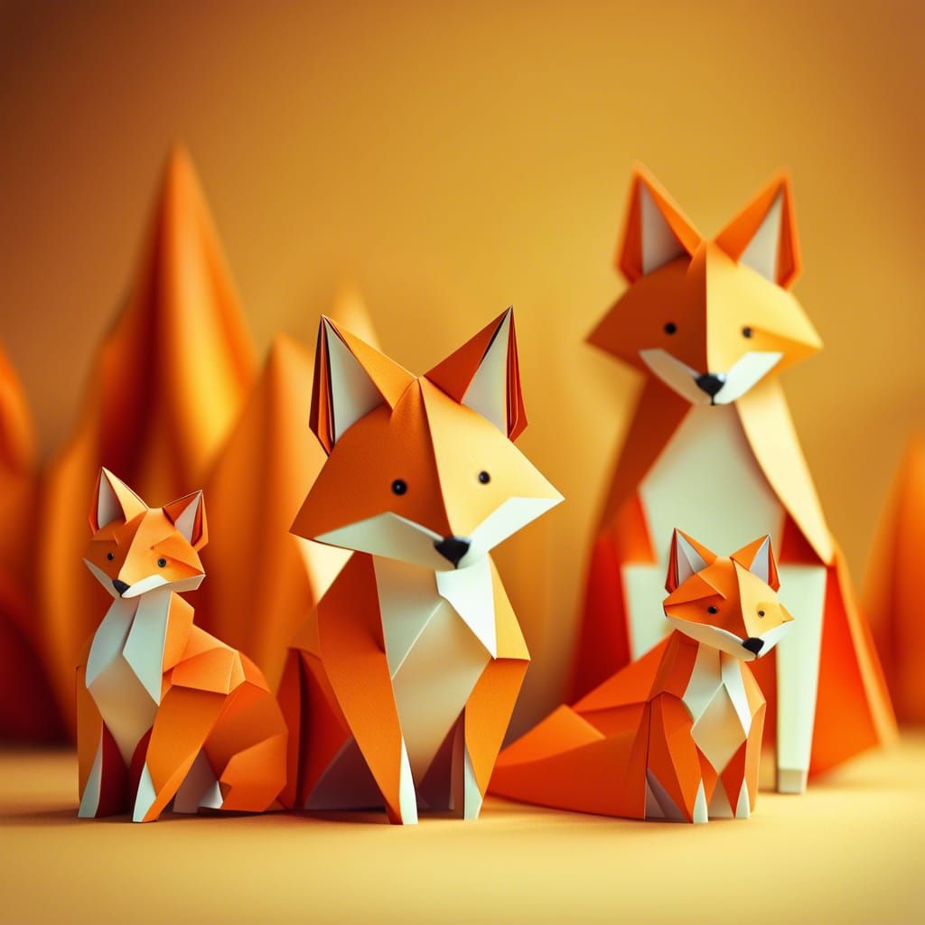 Origami Fox Family Papercraft in 8K Resolution