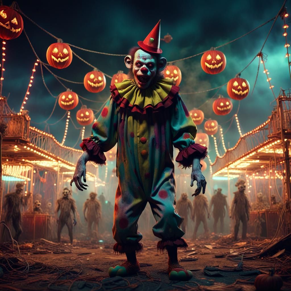 Zombie Monkey Clown in Abandoned Carnival, Digital Art