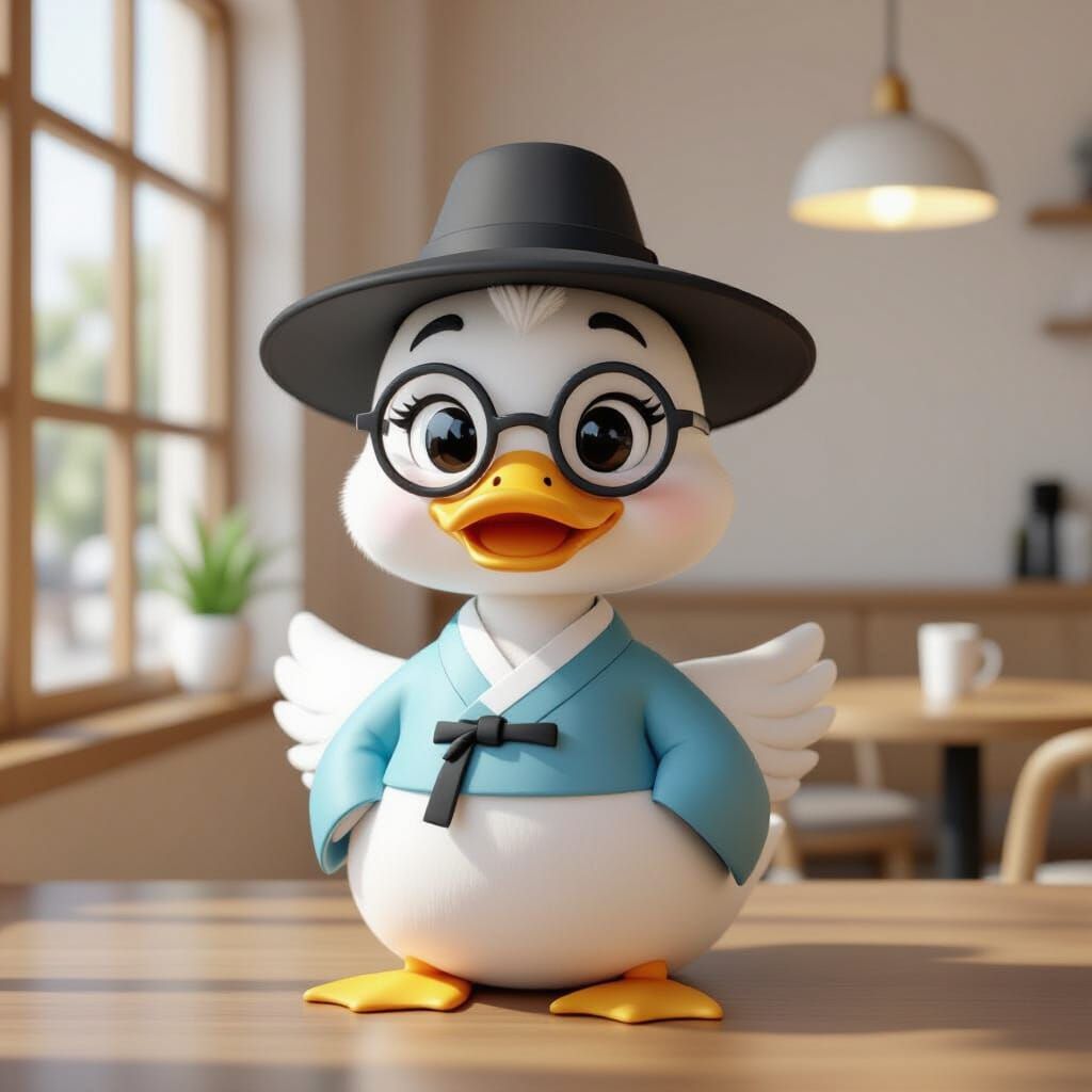 Cute Duck in Hanbok at Cafe, 3D Render