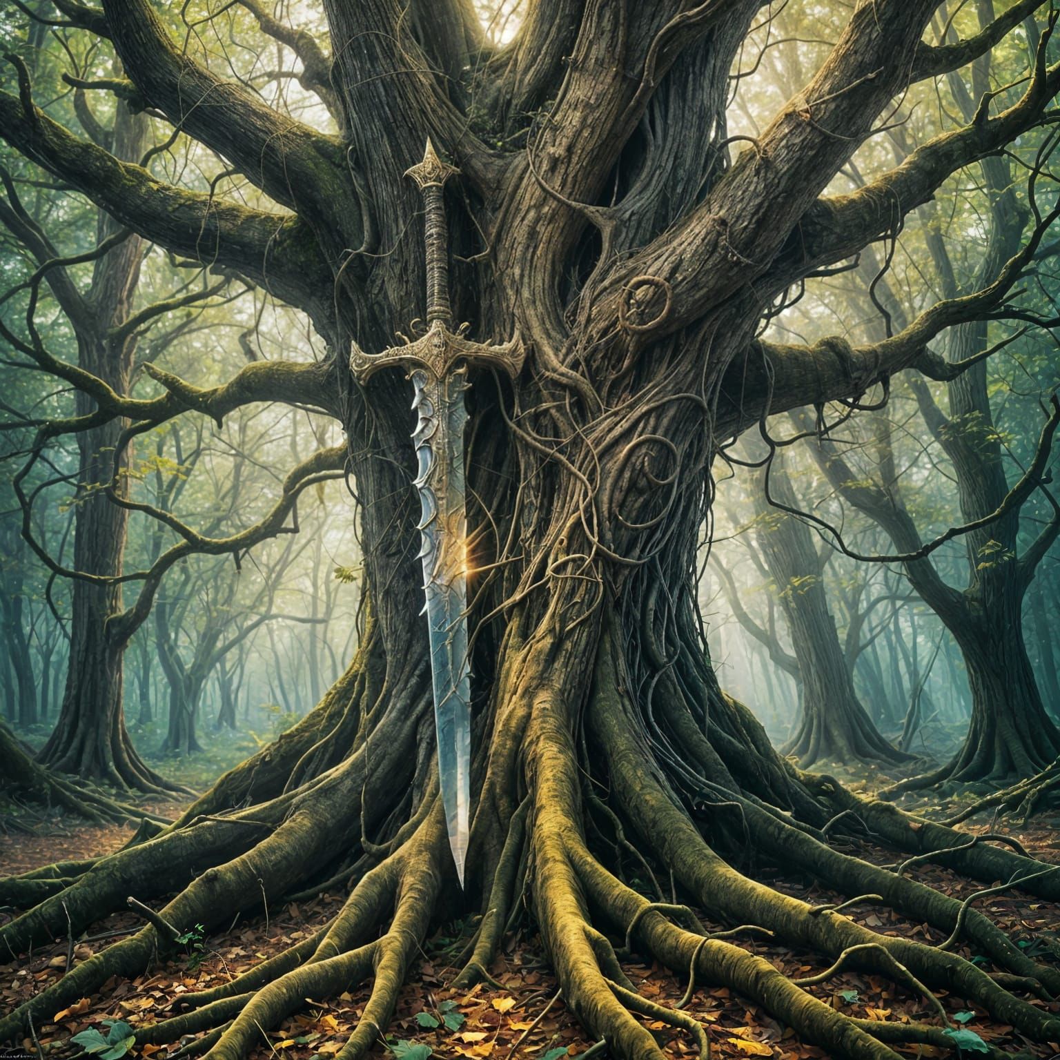 Enchanted Sword Entwined in Forest Tree
