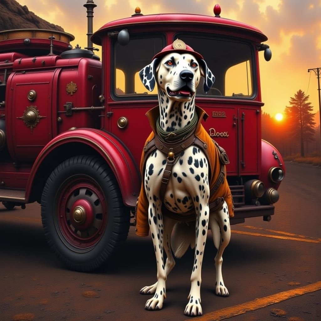 Dalmatian Firefighter Portrait in Nostalgic Style