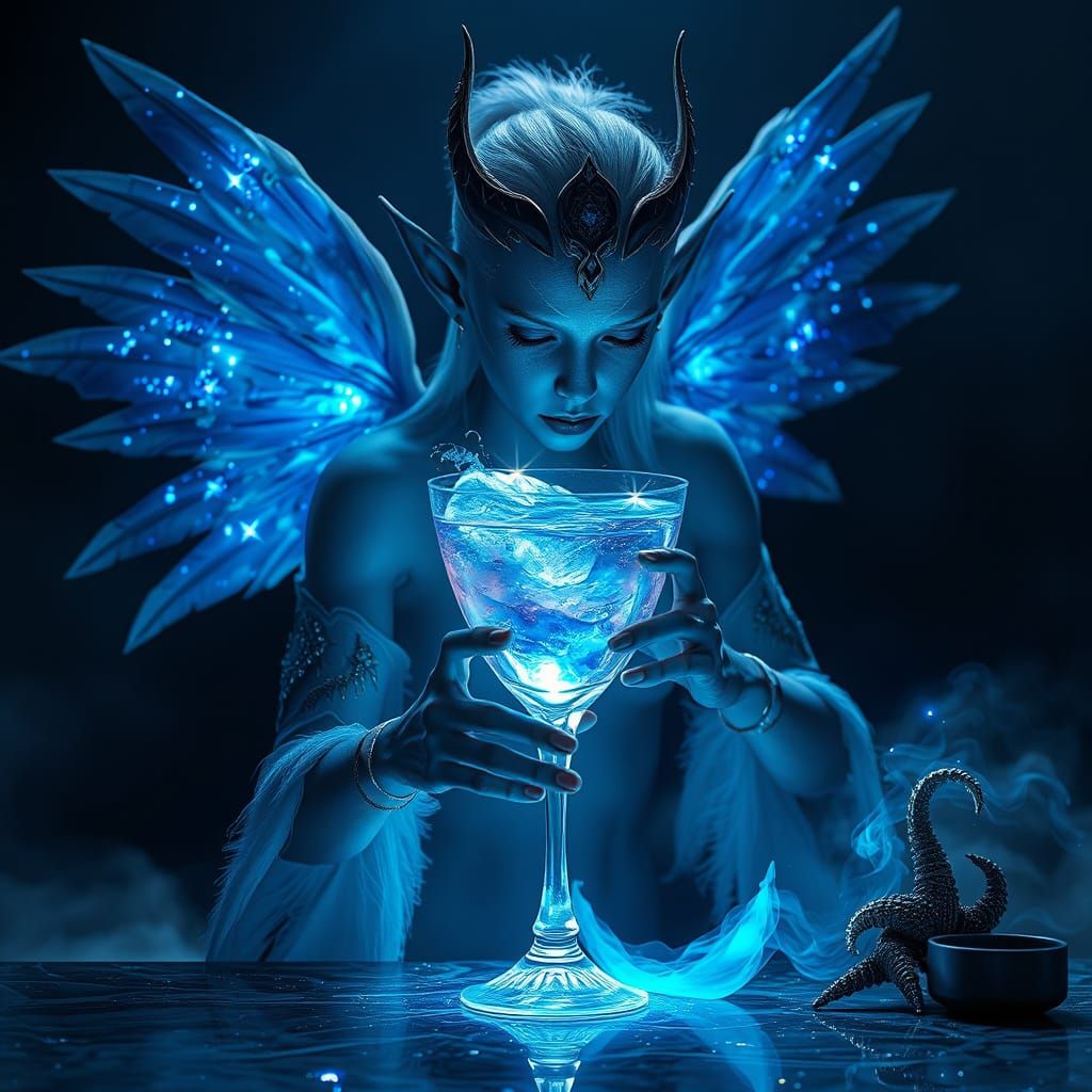 Cosmic Elf Crafts Nebula Cocktail in Dark Fantasy Art