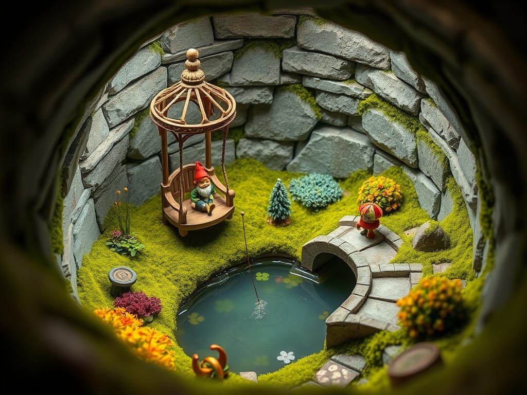 Enchanted Well Garden with Tiny Gazebo and Gnome
